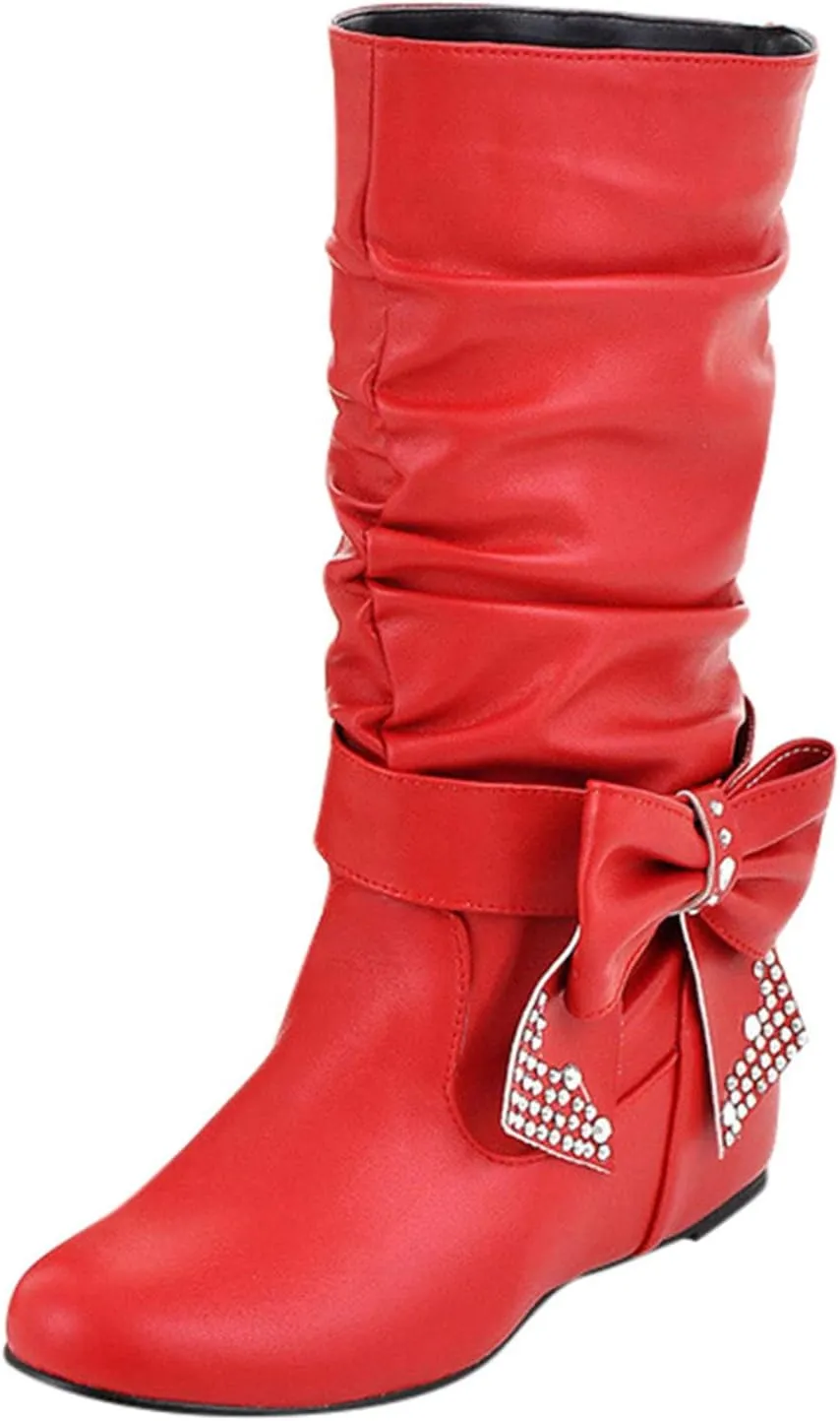Ankle Boots For Women Retro Solid Color Thigh High Boots Pleated Suede Chunky Heeled Knee High Cowgirl Boots