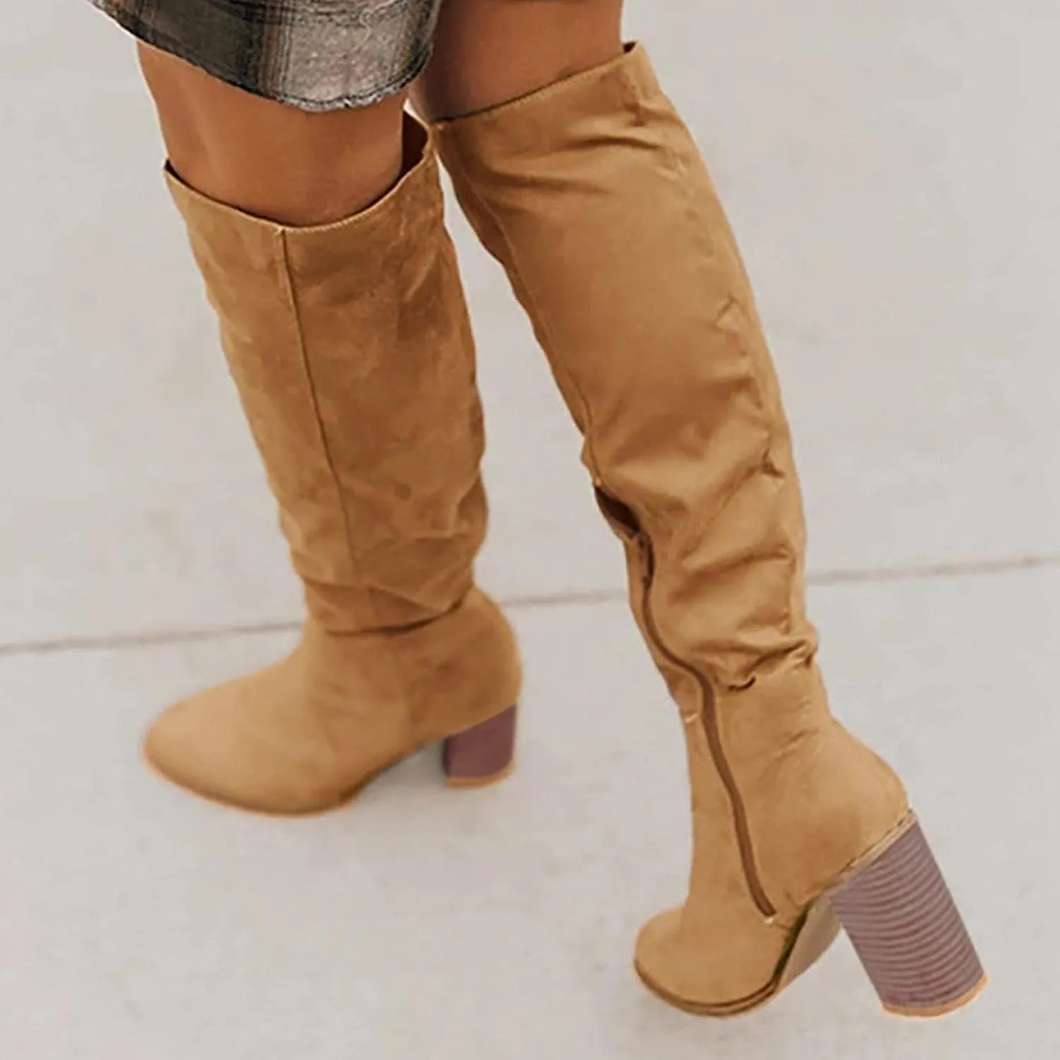 Bcshiye Women's Over The Knee Thigh High Chunky Heel Boots Fashion Warm Winter Long Boot with Side Zipper Suede Booties