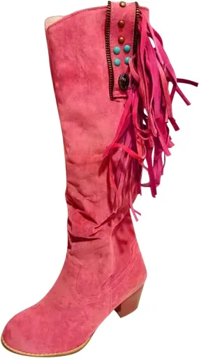 Boots For Women Casual Hot Pink Square Heel Thigh High Boots Tassel Knee High Boots Suede Tall Boots
