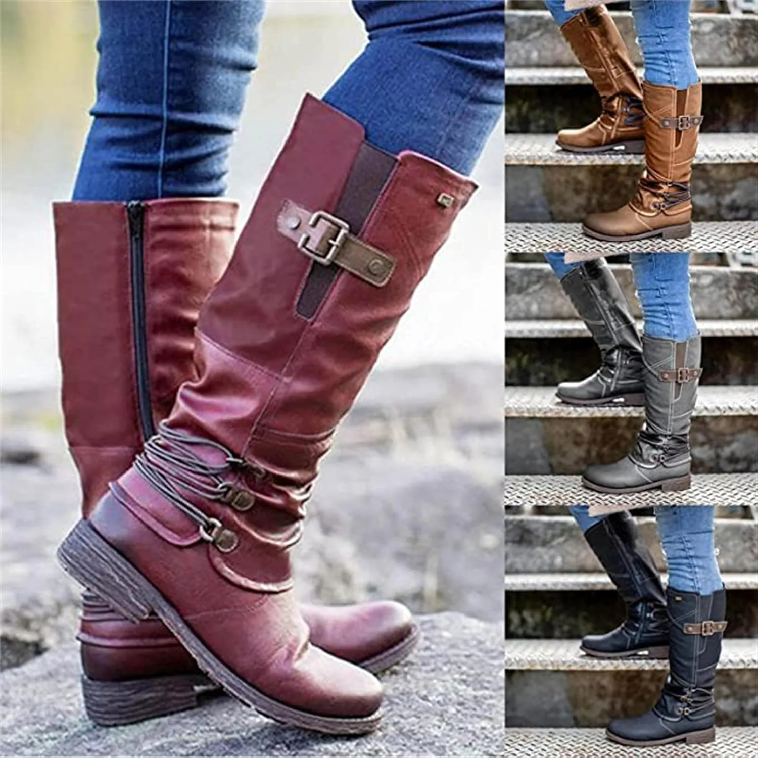 Boots For Women Knee High Wide Calf Leather Combat Boots Side Zipper Military Shoes Motorcycle Riding Biker Boots