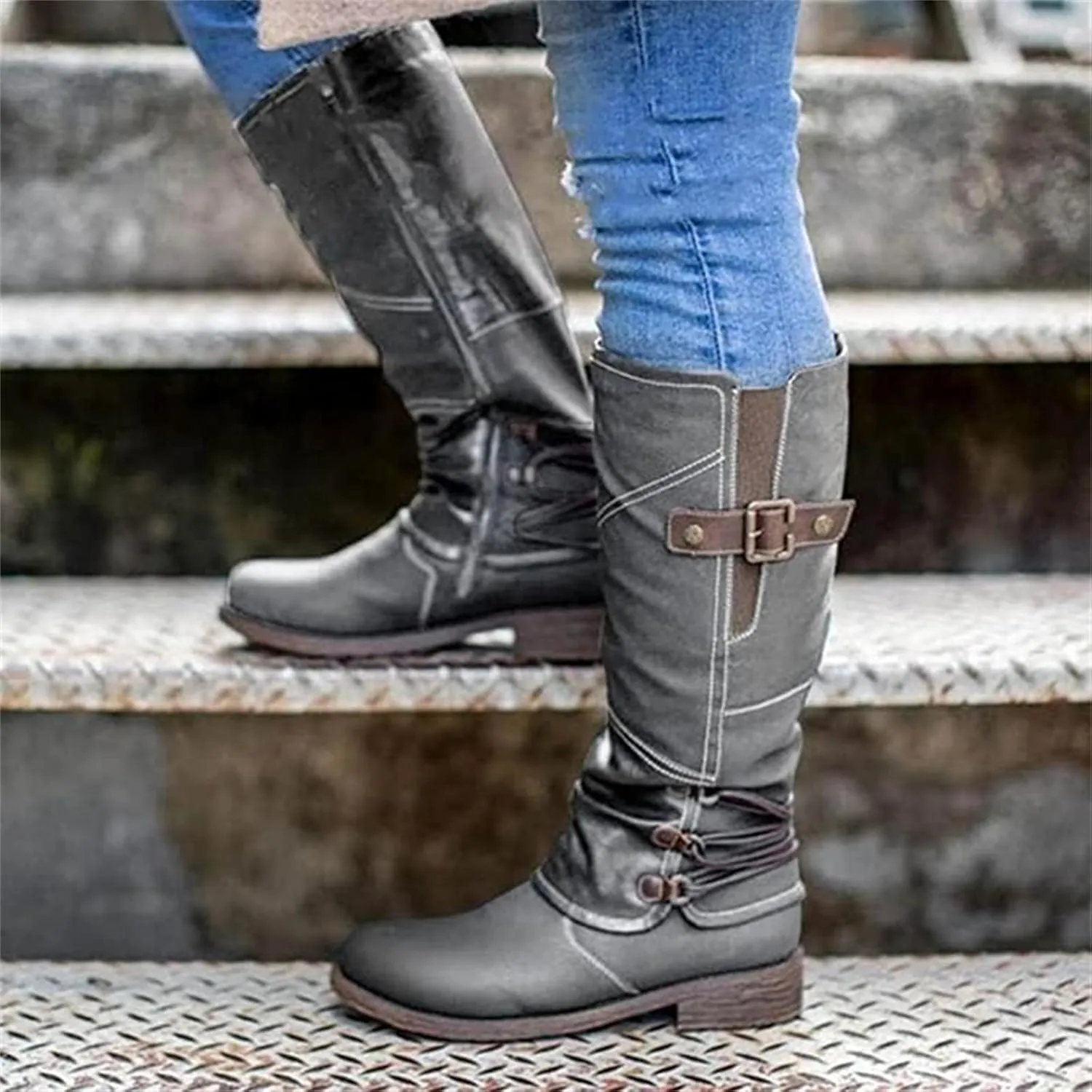 Boots For Women Knee High Wide Calf Leather Combat Boots Side Zipper Military Shoes Motorcycle Riding Biker Boots