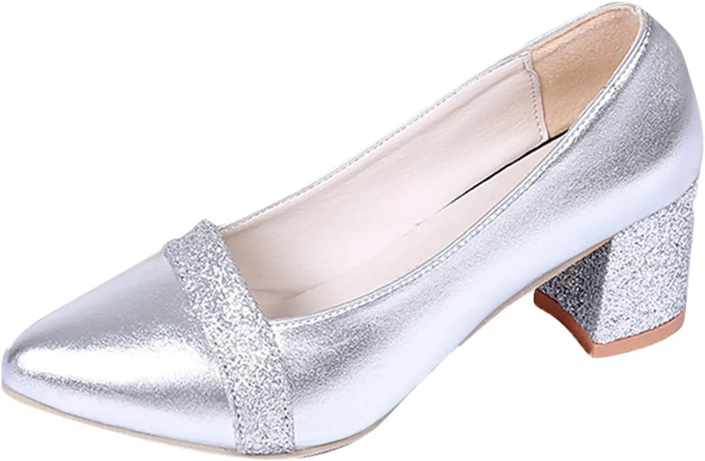Fashion Autumn Women Casual Shoes Thick Heel Medium Heel Pointed Toe Colorblock Sequins Wide Womens Casual Shoes (8) Silver