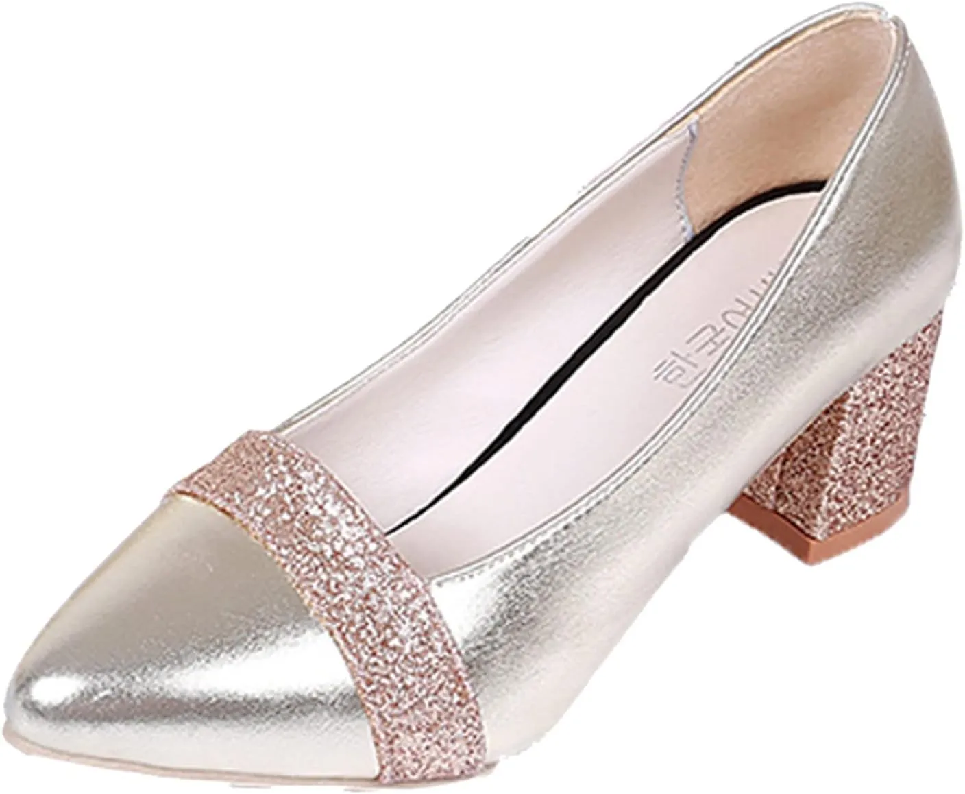 Fashion Autumn Women Casual Shoes Thick Heel Medium Heel Pointed Toe Colorblock Sequins Wide Womens Casual Shoes (Gold, 8)