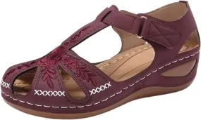 Gladiator Sandals for Women Comfortable Wide Width Lightweight Slides Sandals Hollow Out Closed Toe Wedge Sandals Retro Walking Shoes with Adjustable Hook And Loop