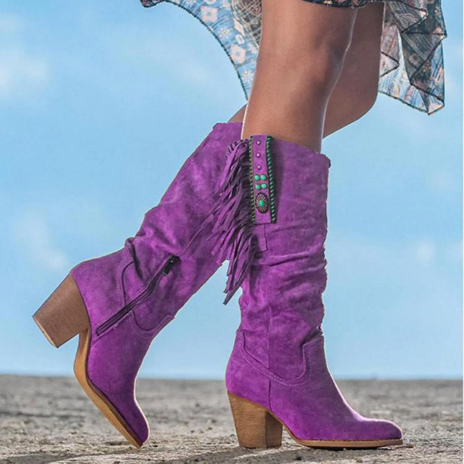 Hiking Boots Women Casual Hot Pink Square Heel Thigh High Boots Tassel Knee High Boots Suede Tall Boots
