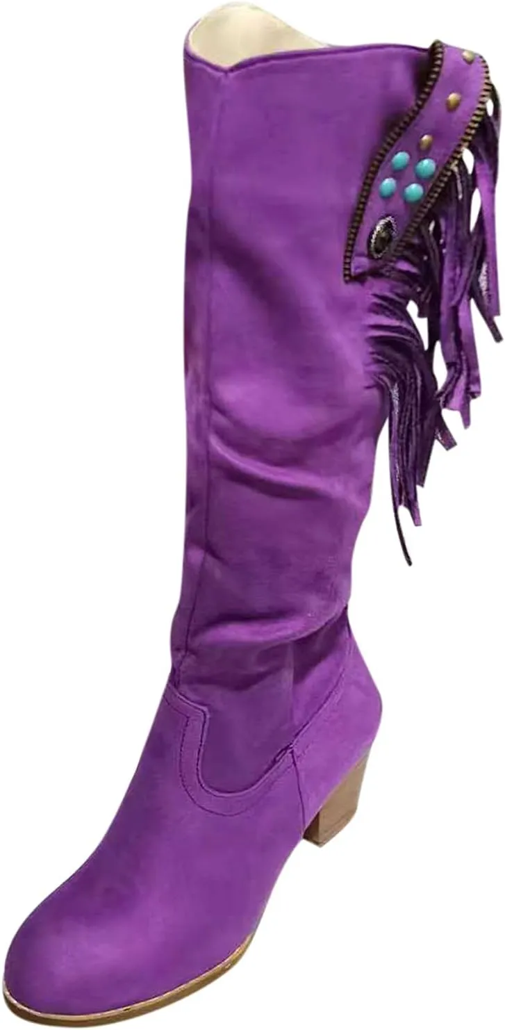 Hiking Boots Women Casual Hot Pink Square Heel Thigh High Boots Tassel Knee High Boots Suede Tall Boots