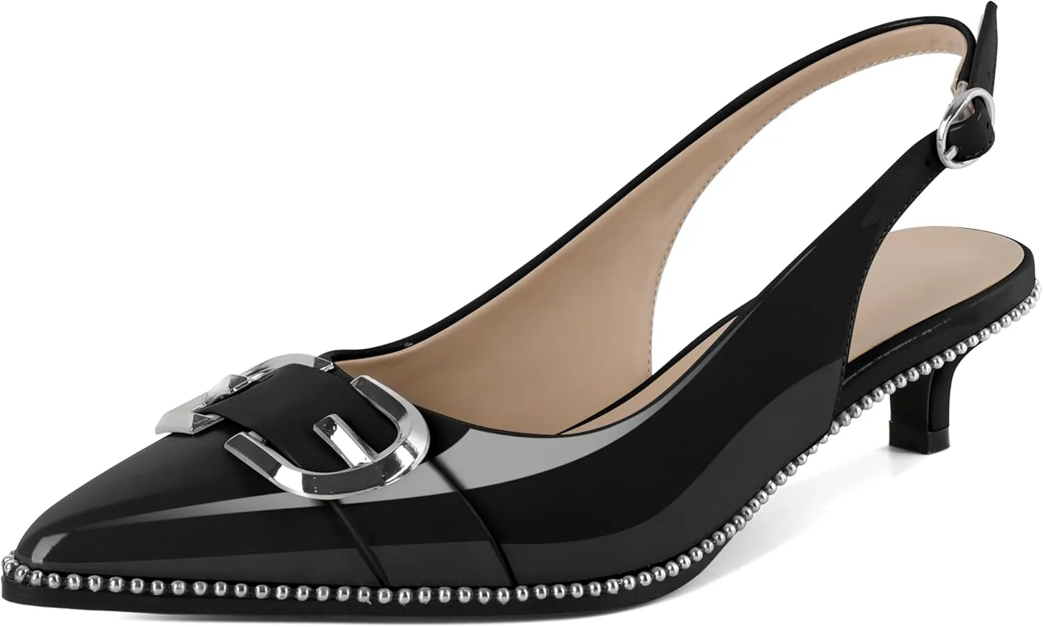 SAMMITOP Slingback Kitten Heels Women Low Heel Beaded Pumps Closed Pointd Toe Shoes Slip On Weddding Party Comfortable 1.5 Inch Dressy Sandals