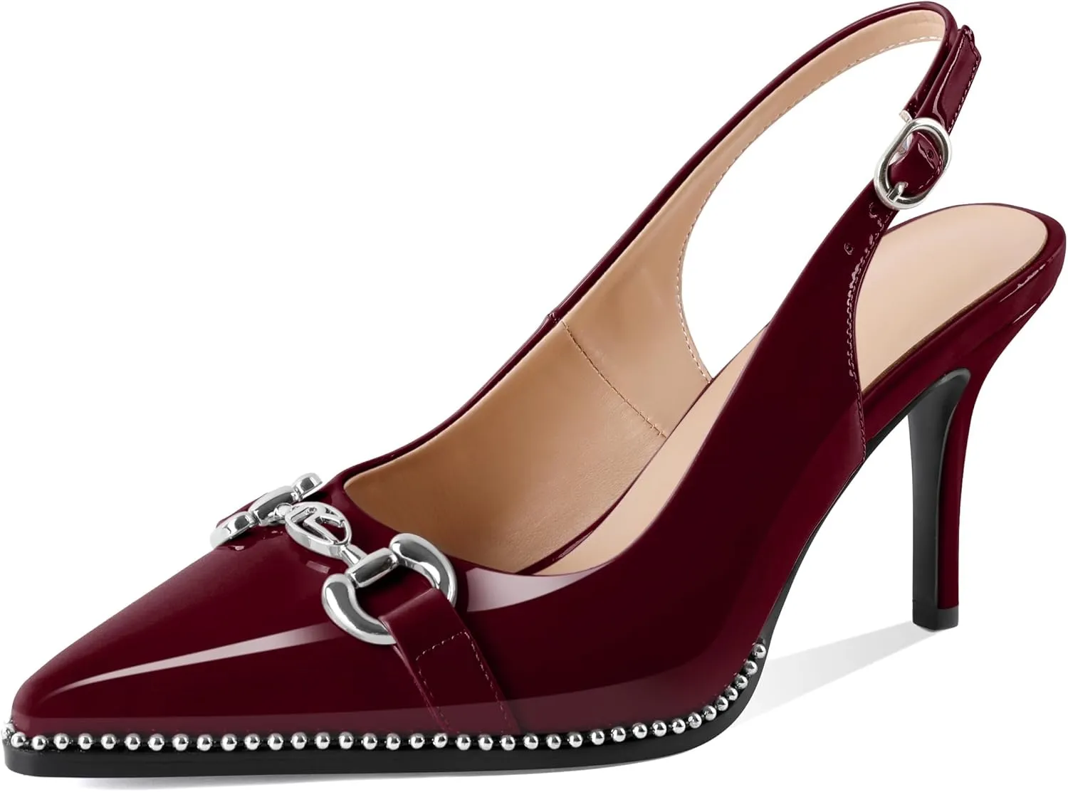 SAMMITOP Women Slingback High Heel Pumps Closed Pointed Toe Beaded Buckle Strap Slip On Stilettos 3.5 Inch Dress Pumps Shoes