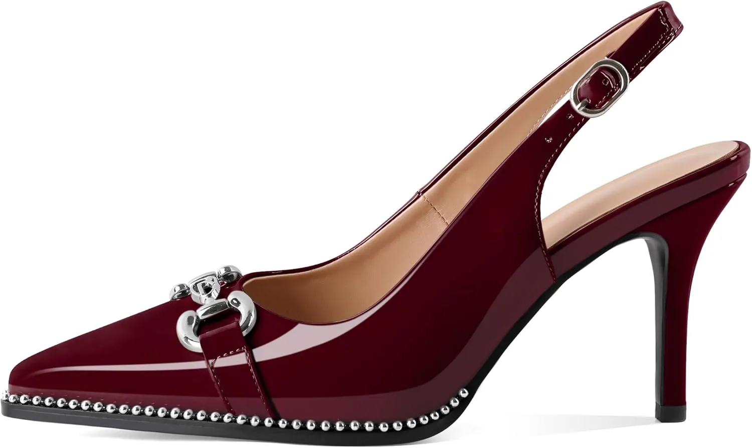 SAMMITOP Women Slingback High Heel Pumps Closed Pointed Toe Beaded Buckle Strap Slip On Stilettos 3.5 Inch Dress Pumps Shoes