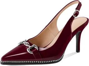 SAMMITOP Women Slingback High Heel Pumps Closed Pointed Toe Beaded Buckle Strap Slip On Stilettos 3.5 Inch Dress Pumps Shoes