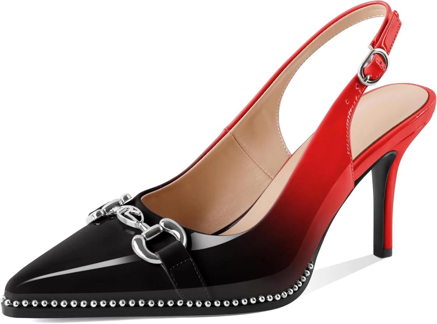SAMMITOP Women Slingback High Heel Pumps Closed Pointed Toe Beaded Buckle Strap Slip On Stilettos 3.5 Inch Dress Pumps Shoes