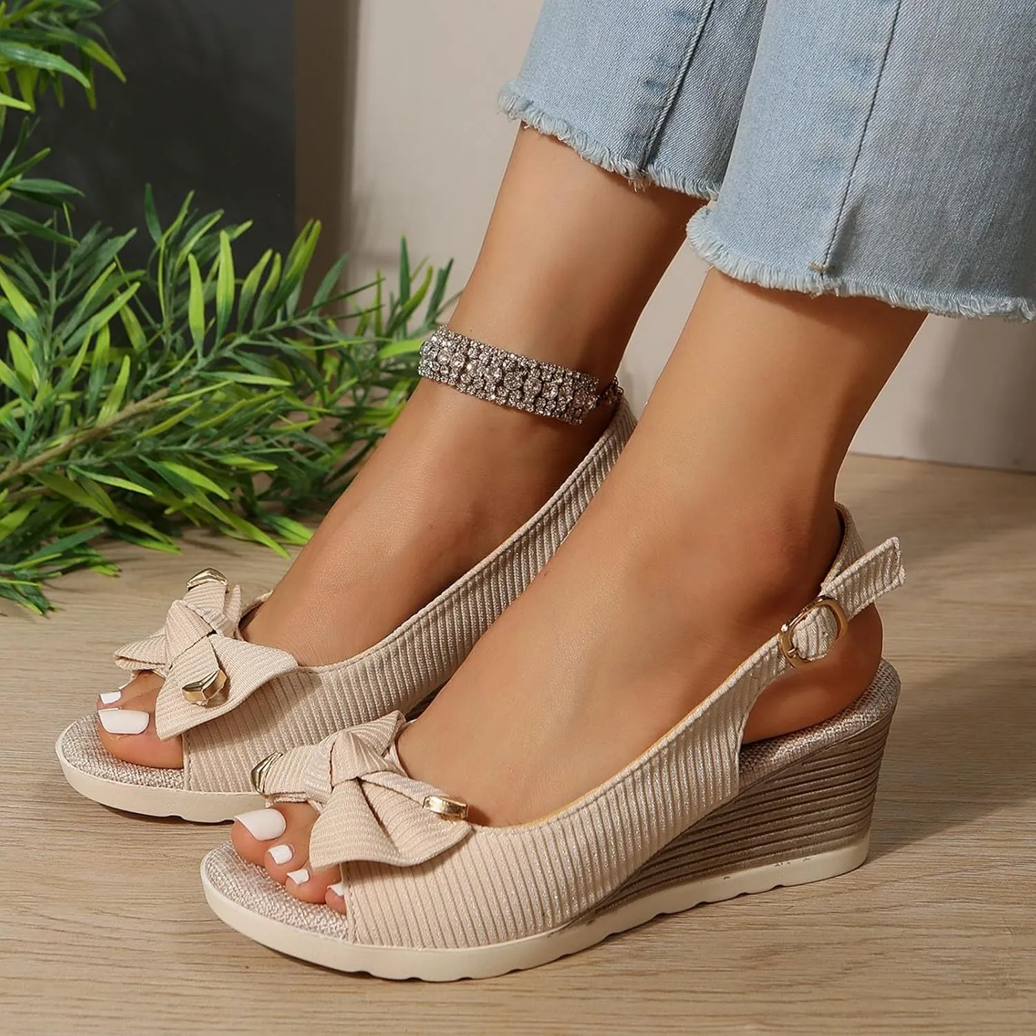 Sandals for Women 2025 Summer Solid Bow Orthopedic Sandals Buckle Wedge Heel Thick Sole Sandal with Arch Support Casual Open Toe Boho Beach Shoes Slip on Sandal 2025