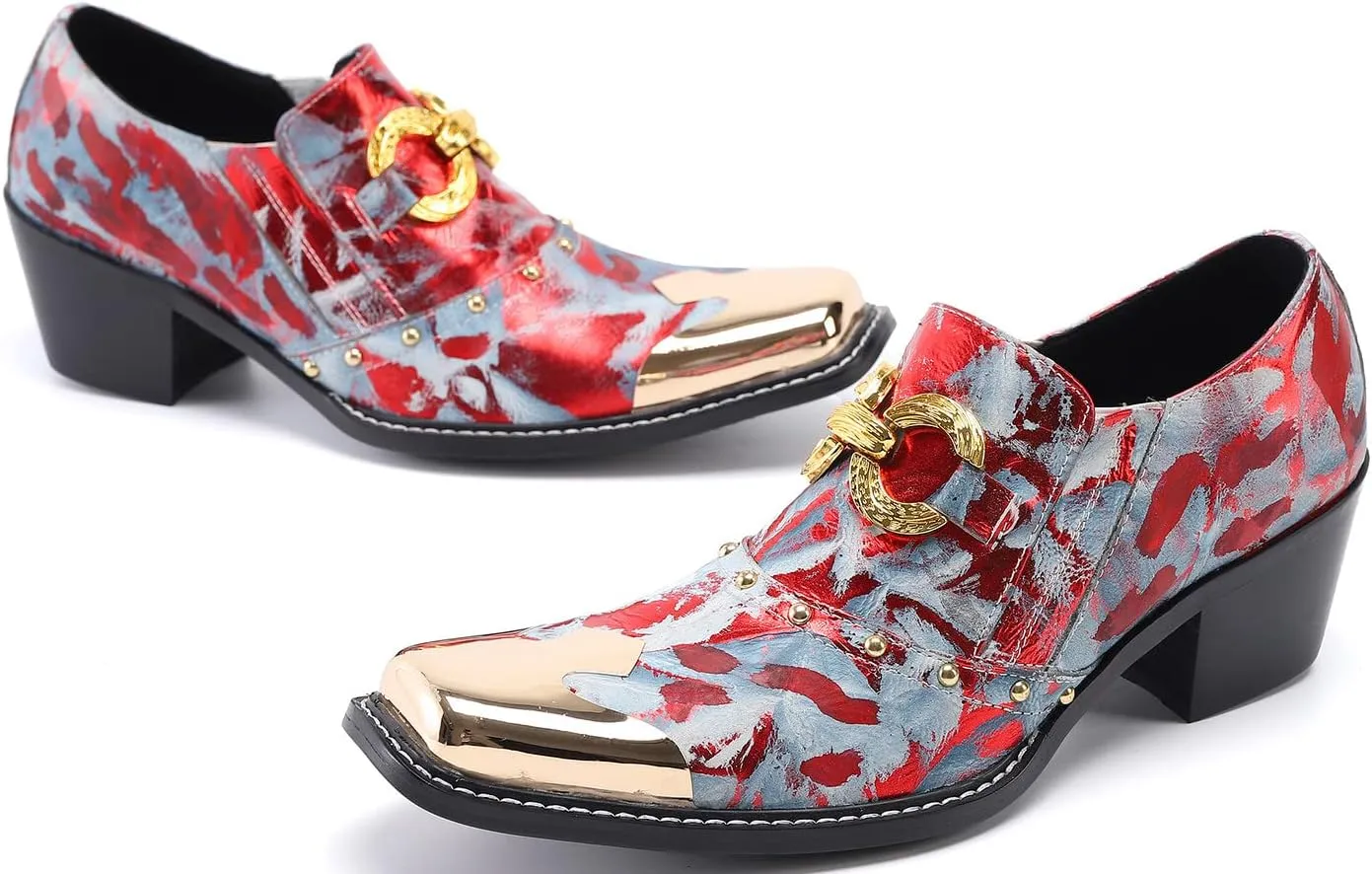 Santimon Mens Loafers Casual Dress Slip On Mocassins Gold Chain Metal Square-Toe Genuine Leather Heel Penny Loafers Wedding Party Disco Western Cowboy Ballroom Prom Shoes