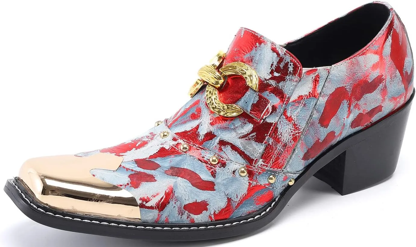 Santimon Mens Loafers Casual Dress Slip On Mocassins Gold Chain Metal Square-Toe Genuine Leather Heel Penny Loafers Wedding Party Disco Western Cowboy Ballroom Prom Shoes
