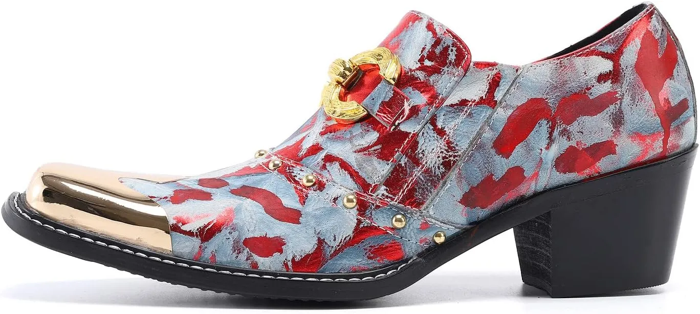 Santimon Mens Loafers Casual Dress Slip On Mocassins Gold Chain Metal Square-Toe Genuine Leather Heel Penny Loafers Wedding Party Disco Western Cowboy Ballroom Prom Shoes
