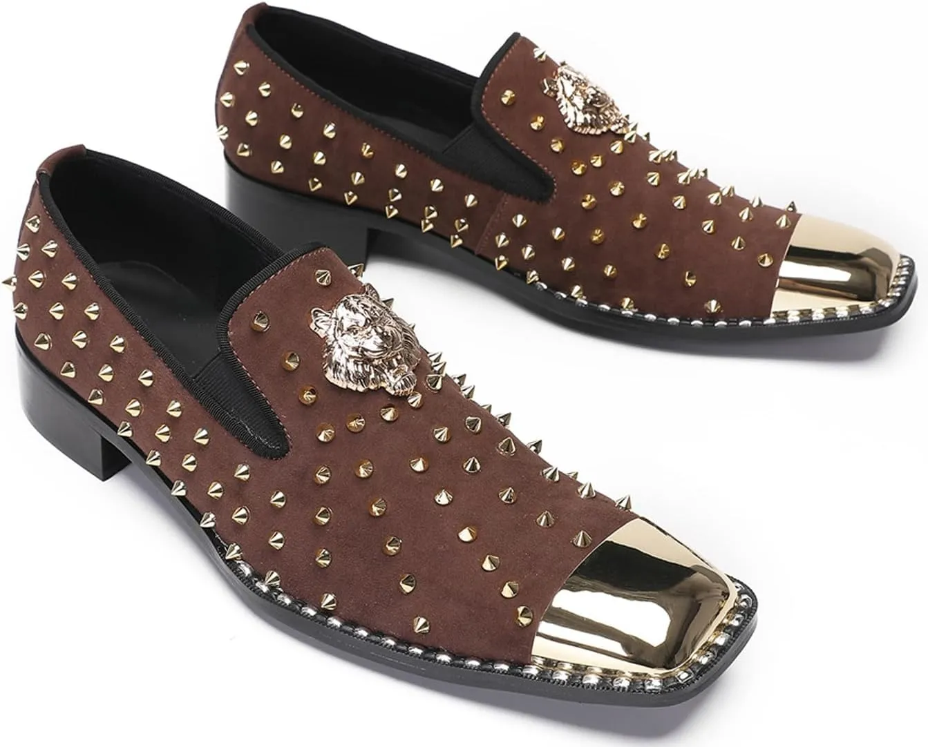 Santimon Mens Loafers Wedding Dress Slip On Prom Casual Shoes Metal Square Toe Penny Loafers Suede Tuxedo Shoes for Men Western Disco Ballroom Smoking Mocasines with Gold Glitter Rhinestone