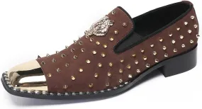 Santimon Mens Loafers Wedding Dress Slip On Prom Casual Shoes Metal Square Toe Penny Loafers Suede Tuxedo Shoes for Men Western Disco Ballroom Smoking Mocasines with Gold Glitter Rhinestone