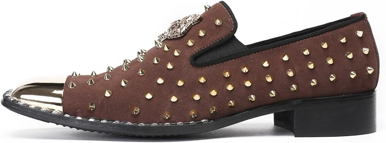 Santimon Mens Loafers Wedding Dress Slip On Prom Casual Shoes Metal Square Toe Penny Loafers Suede Tuxedo Shoes for Men Western Disco Ballroom Smoking Mocasines with Gold Glitter Rhinestone
