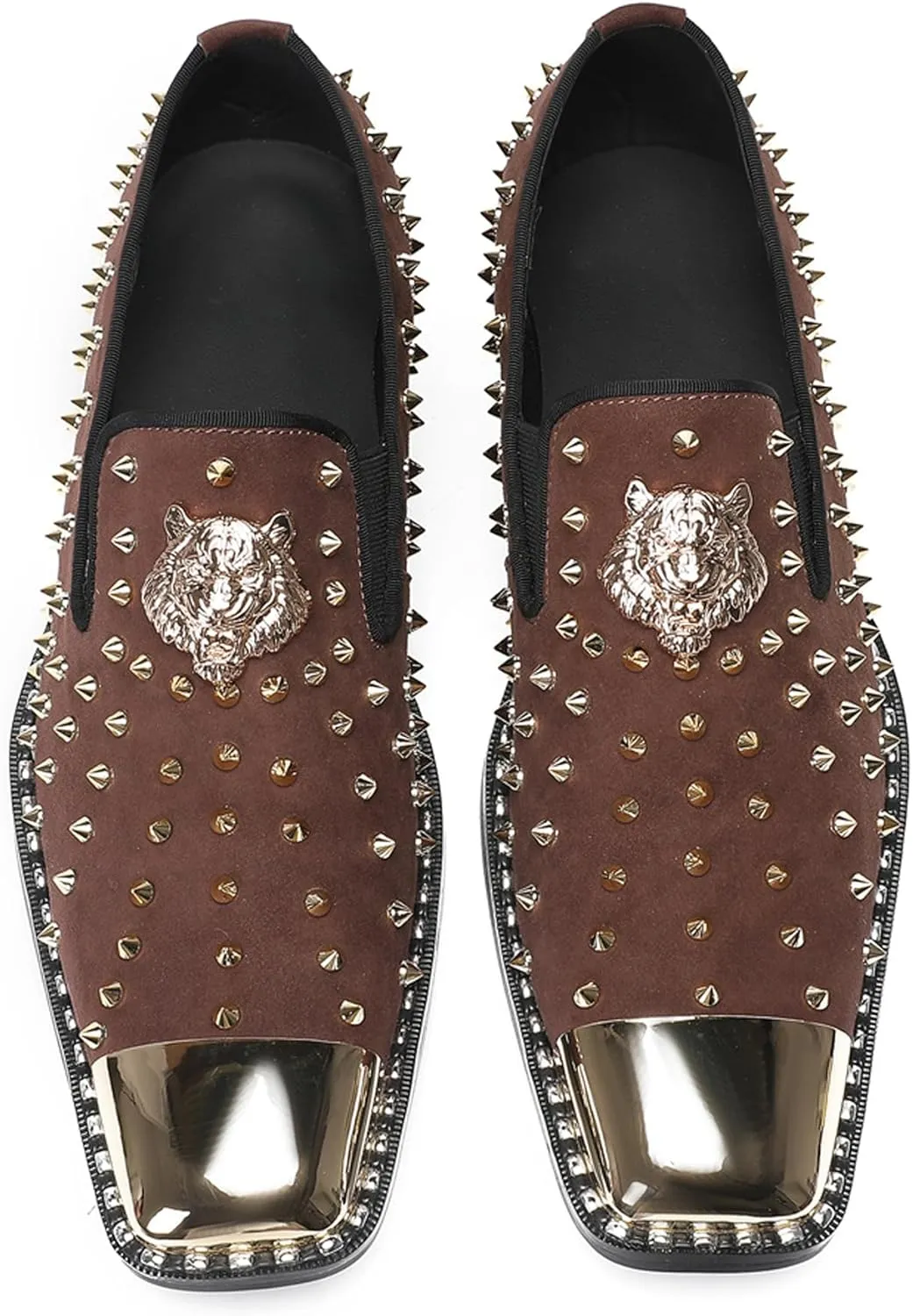 Santimon Mens Loafers Wedding Dress Slip On Prom Casual Shoes Metal Square Toe Penny Loafers Suede Tuxedo Shoes for Men Western Disco Ballroom Smoking Mocasines with Gold Glitter Rhinestone