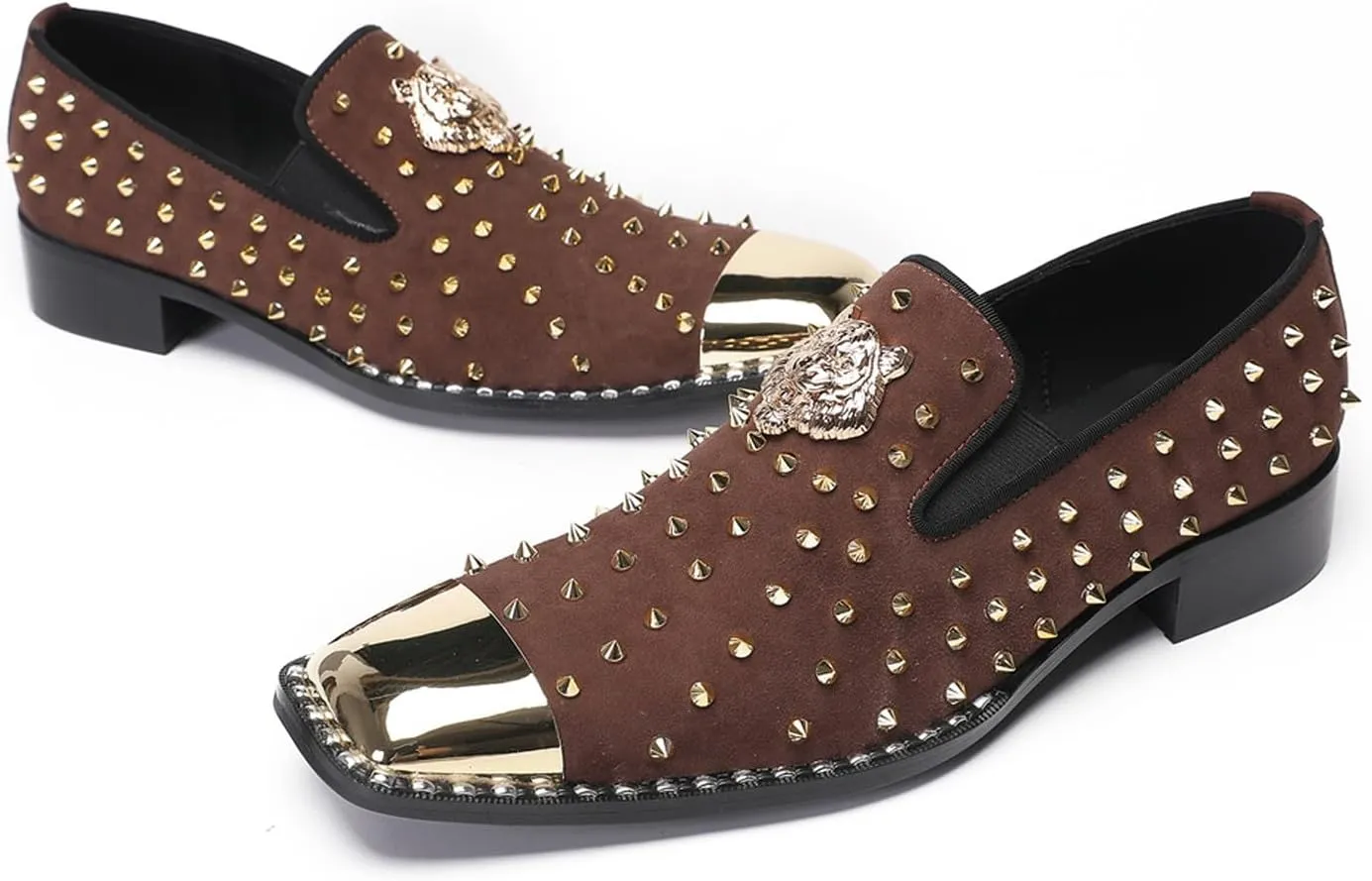 Santimon Mens Loafers Wedding Dress Slip On Prom Casual Shoes Metal Square Toe Penny Loafers Suede Tuxedo Shoes for Men Western Disco Ballroom Smoking Mocasines with Gold Glitter Rhinestone