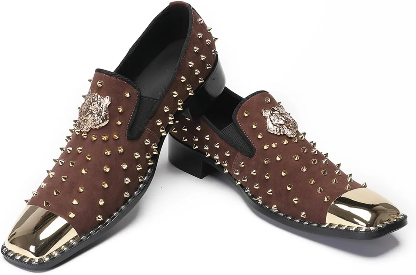Santimon Mens Loafers Wedding Dress Slip On Prom Casual Shoes Metal Square Toe Penny Loafers Suede Tuxedo Shoes for Men Western Disco Ballroom Smoking Mocasines with Gold Glitter Rhinestone