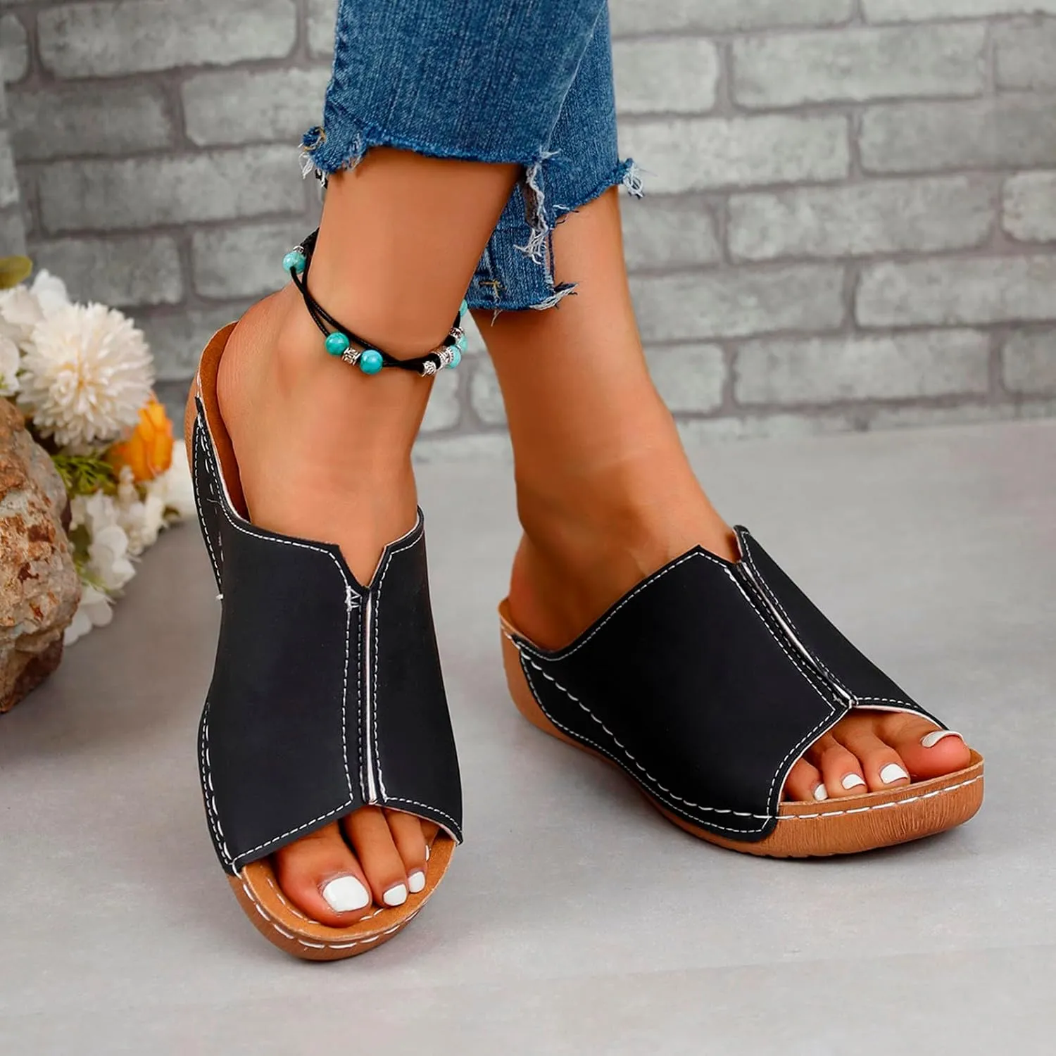 Slippers for Women Summer Beach Platform Sandals Slip on Wide Width Sandals Leather Wedge Slippers Walking Shoes