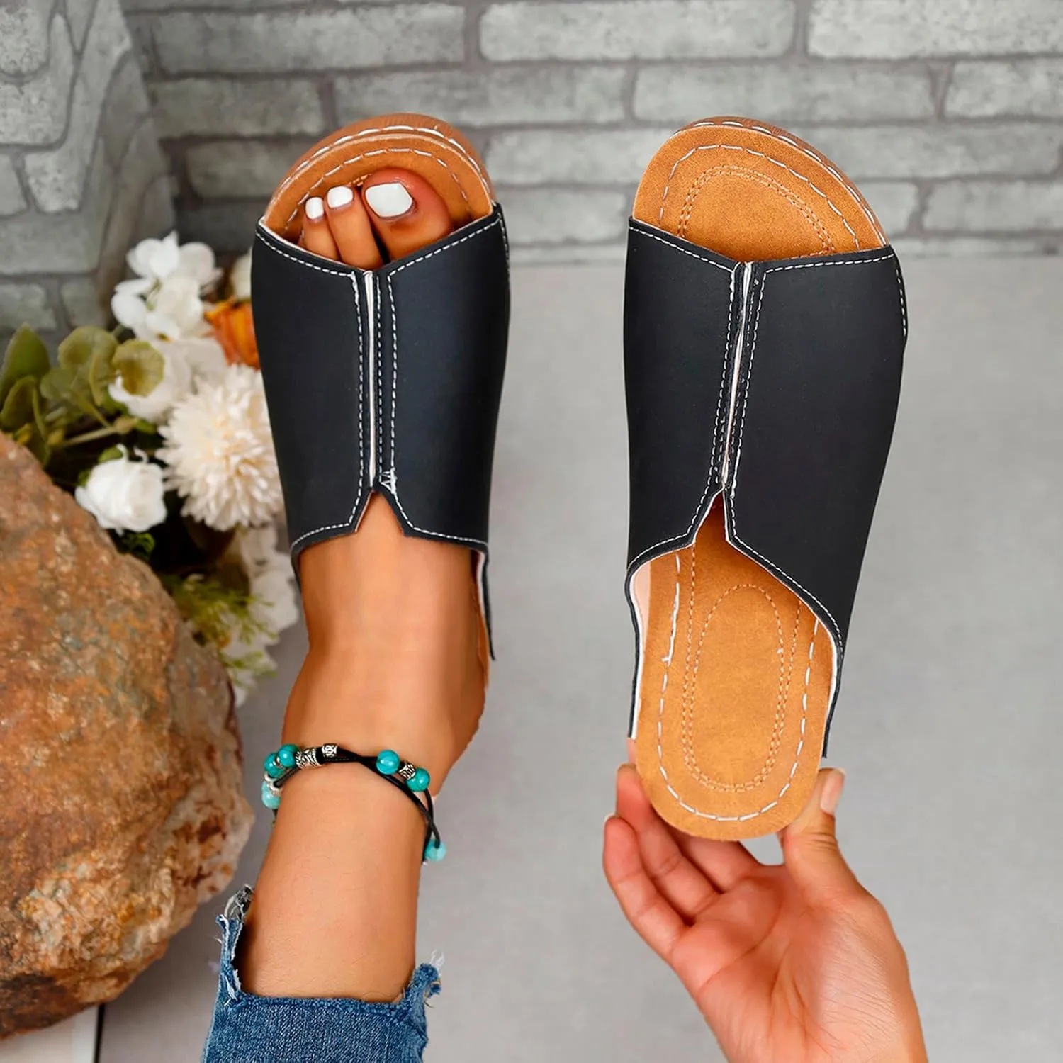 Slippers for Women Summer Beach Platform Sandals Slip on Wide Width Sandals Leather Wedge Slippers Walking Shoes