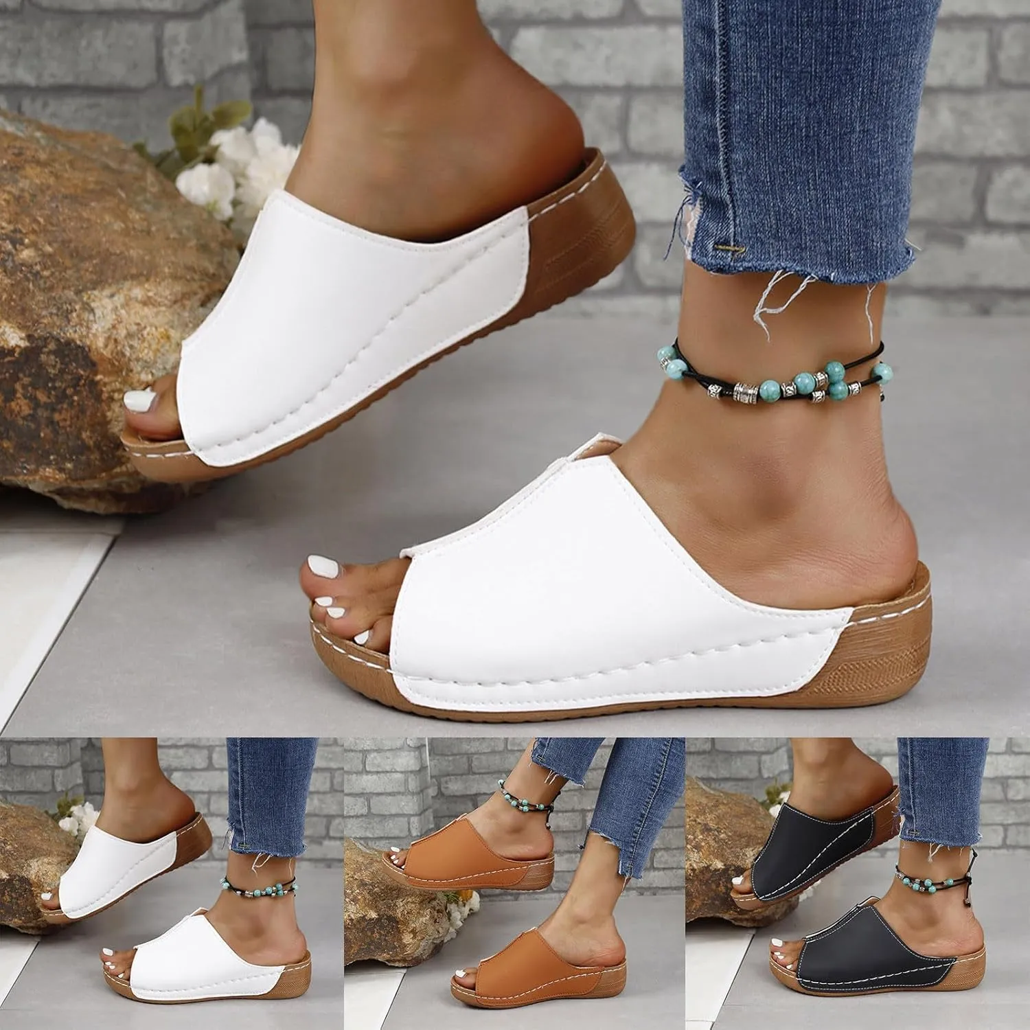 Slippers for Women Summer Beach Platform Sandals Slip on Wide Width Sandals Leather Wedge Slippers Walking Shoes