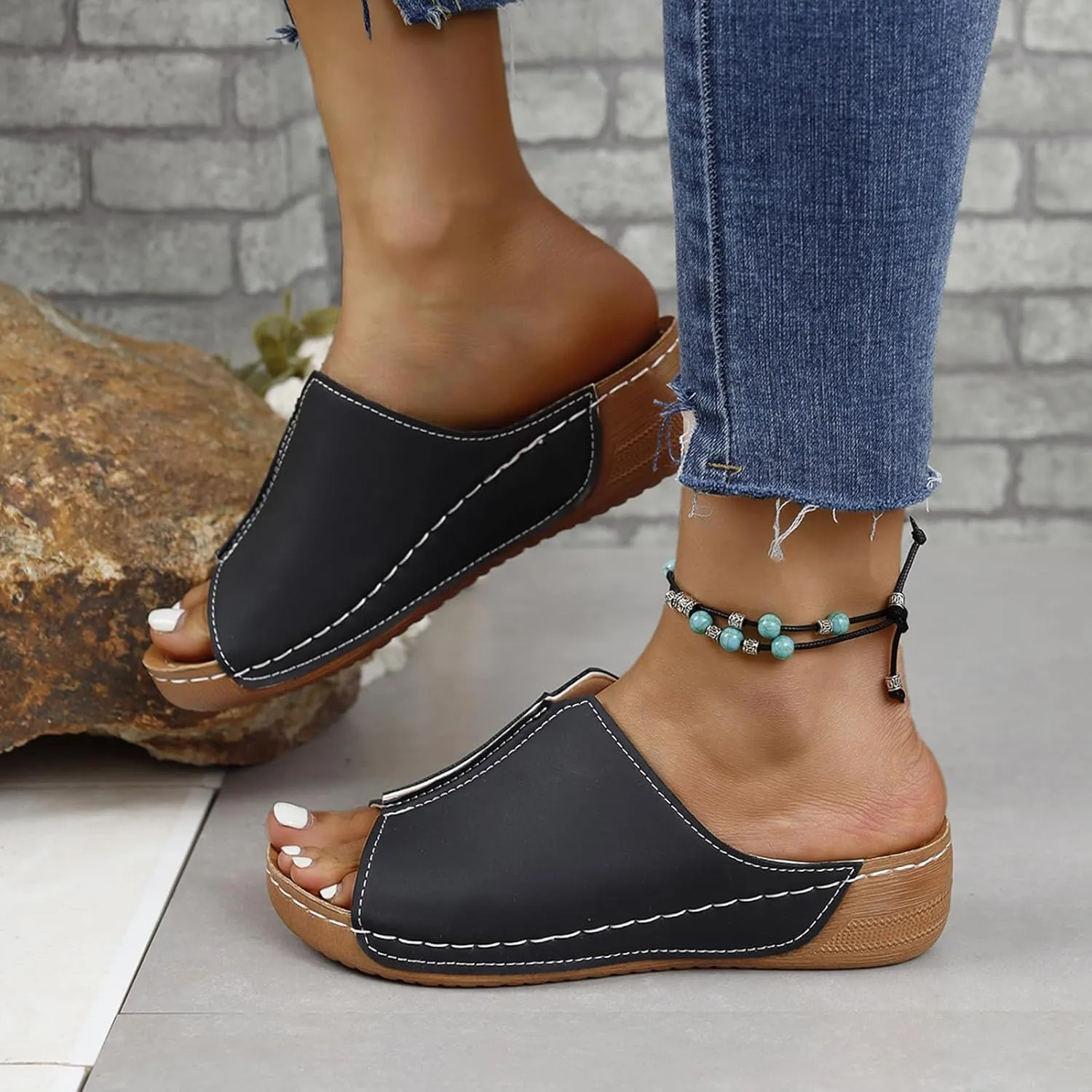 Slippers for Women Summer Beach Platform Sandals Slip on Wide Width Sandals Leather Wedge Slippers Walking Shoes