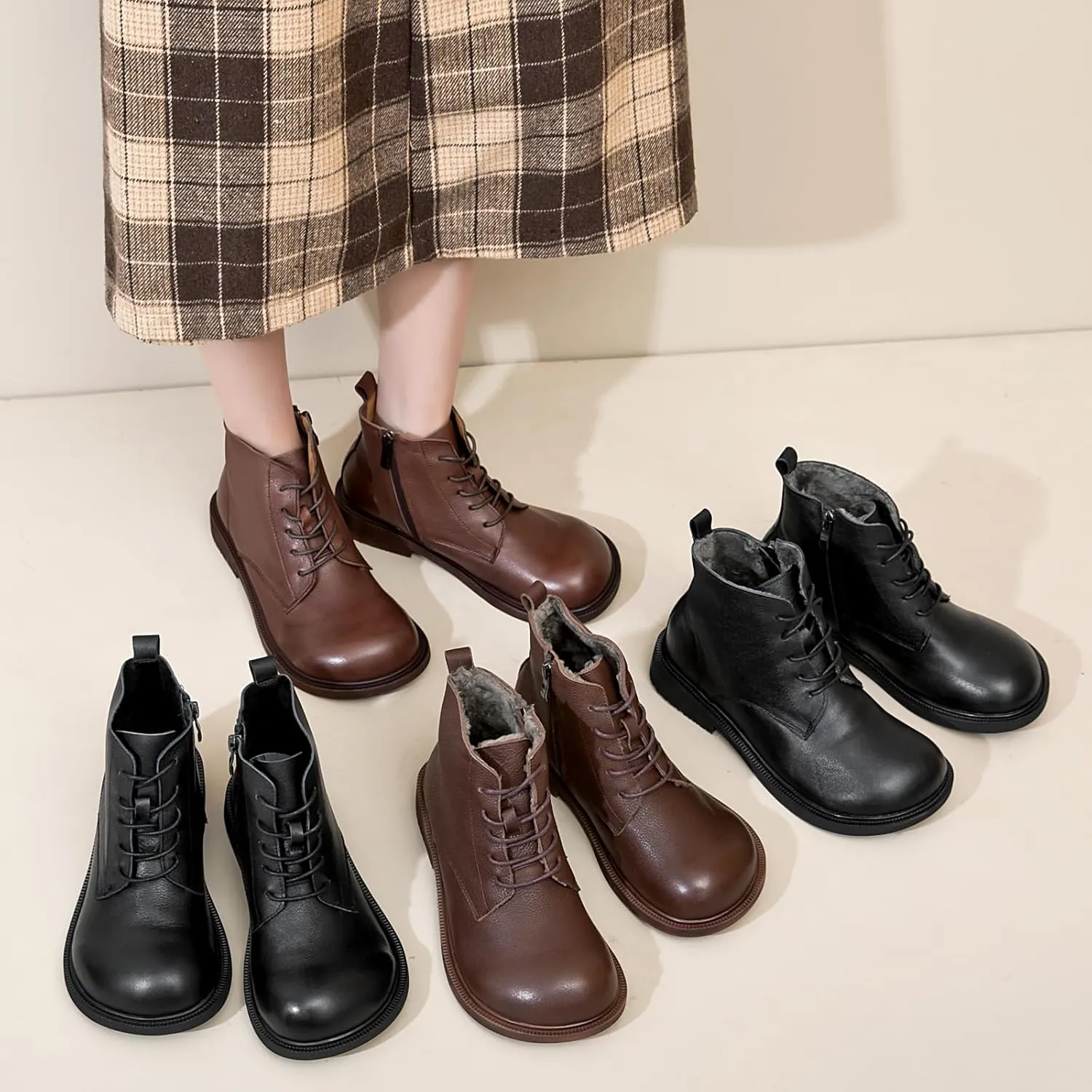 Women Genuine Leather Combat Boots Round Toe Lace-Up Flat Winter Boots Comfy Short Ankle Boots with side zipper