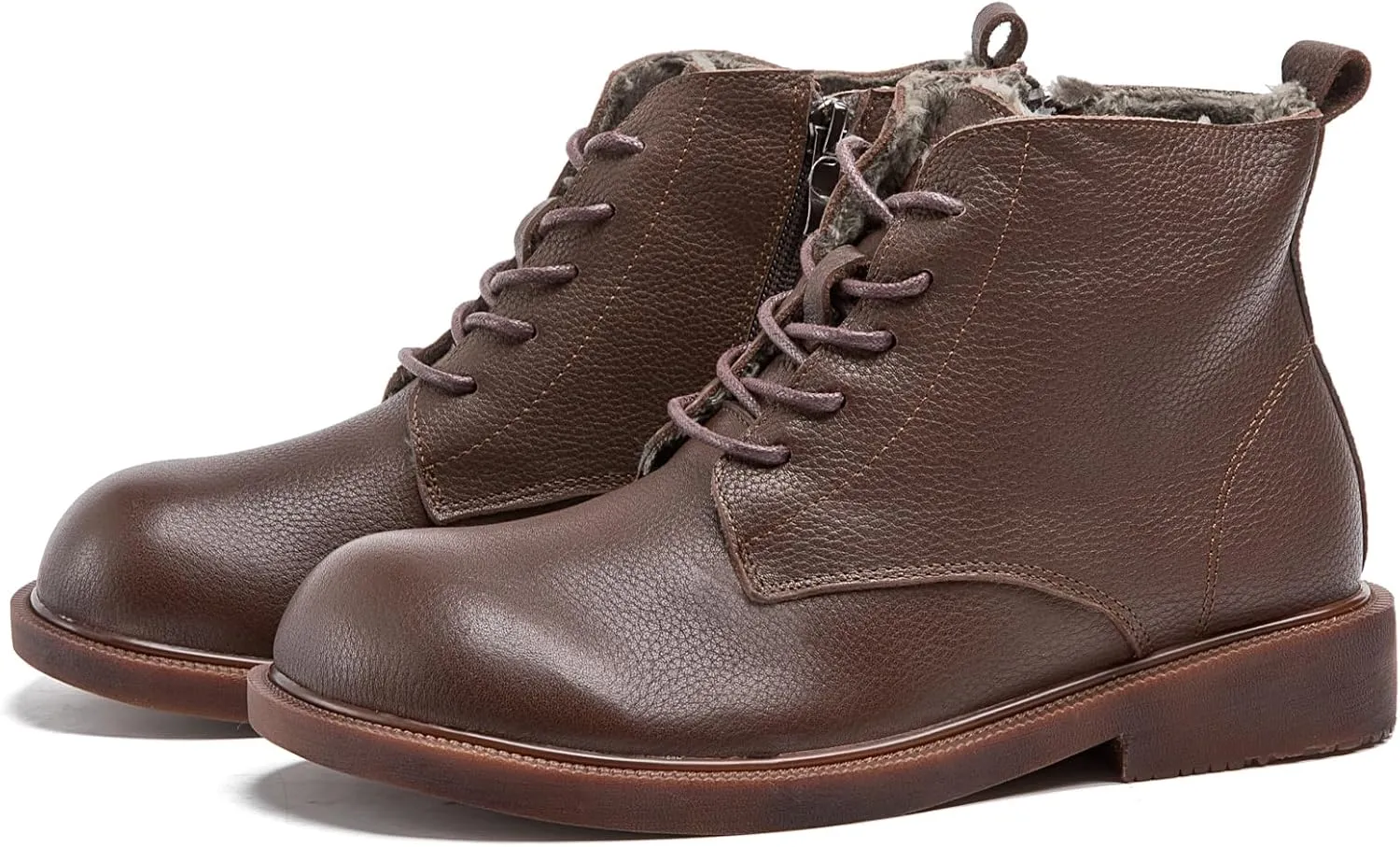 Women Genuine Leather Combat Boots Round Toe Lace-Up Flat Winter Boots Comfy Short Ankle Boots with side zipper