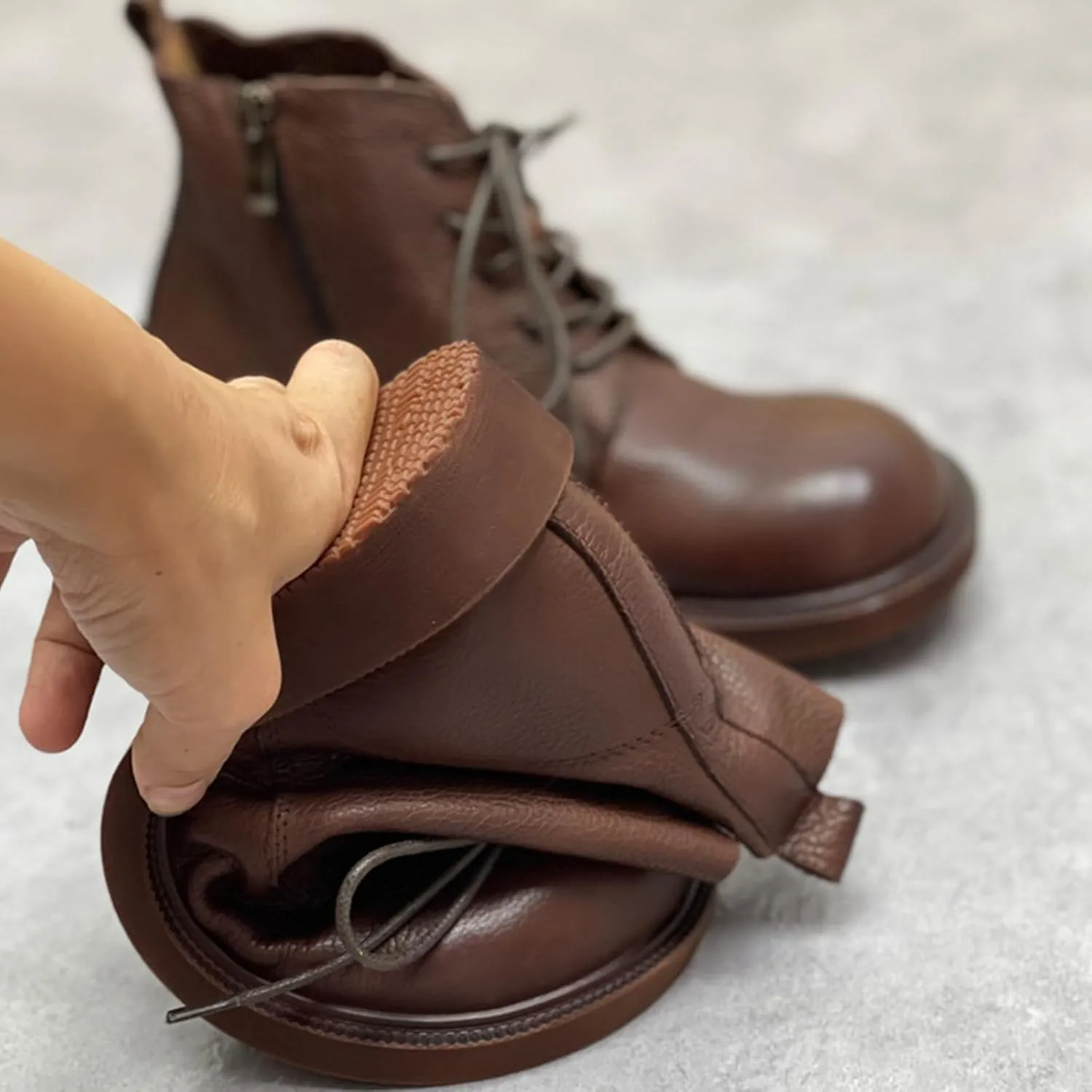 Women Genuine Leather Combat Boots Round Toe Lace-Up Flat Winter Boots Comfy Short Ankle Boots with side zipper