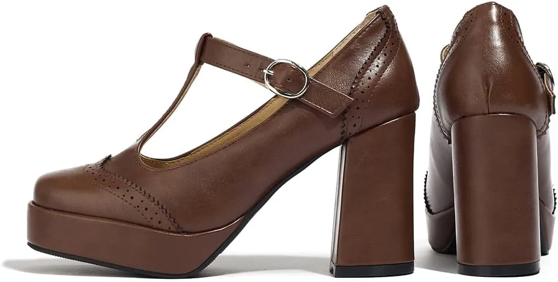 Women's Brown Platform Pumps Chunky High Loafers Buckle for Women High Heel Square Toe Dress Shoes Stylish Comfortable Party
