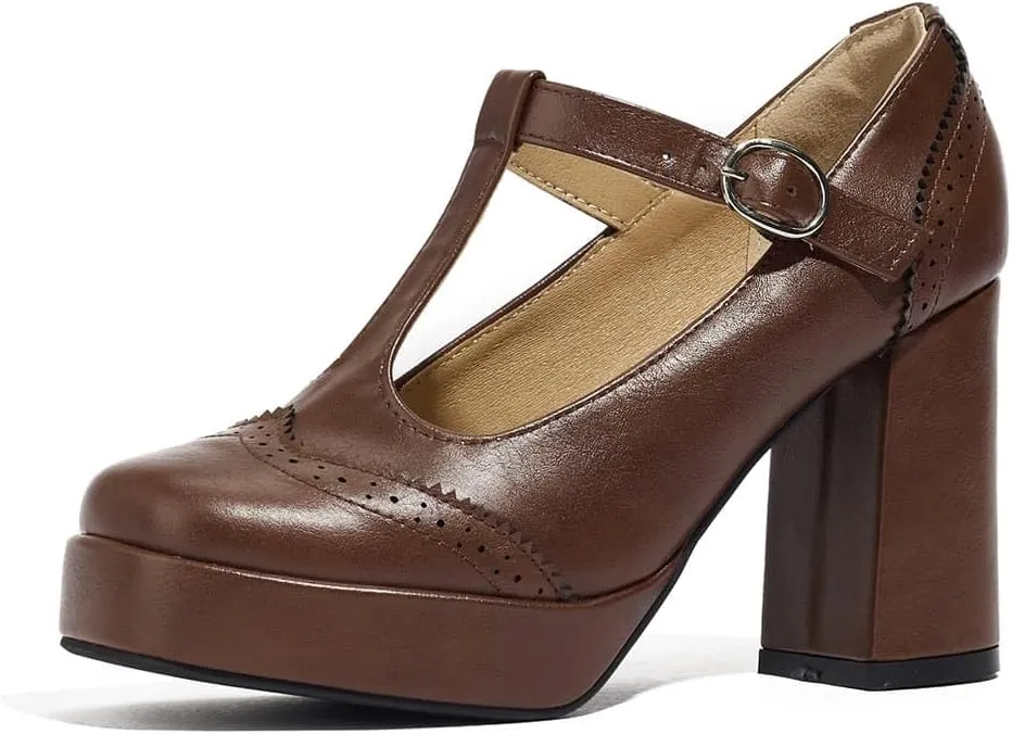 Women's Brown Platform Pumps Chunky High Loafers Buckle for Women High Heel Square Toe Dress Shoes Stylish Comfortable Party