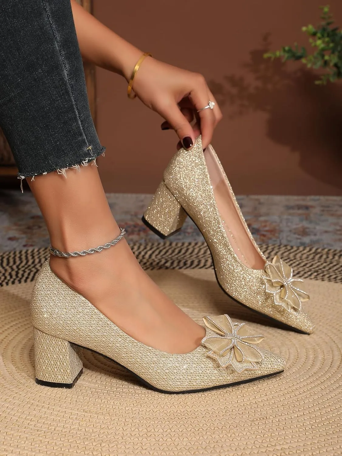 Women's Glitter Slip On Low Block Pumps Closed Pointed Toe Silver Gold Dress Chunky Heels with Bow for Woman Comfortable Wedding Prom Dating Pumps Shoes 2.36"