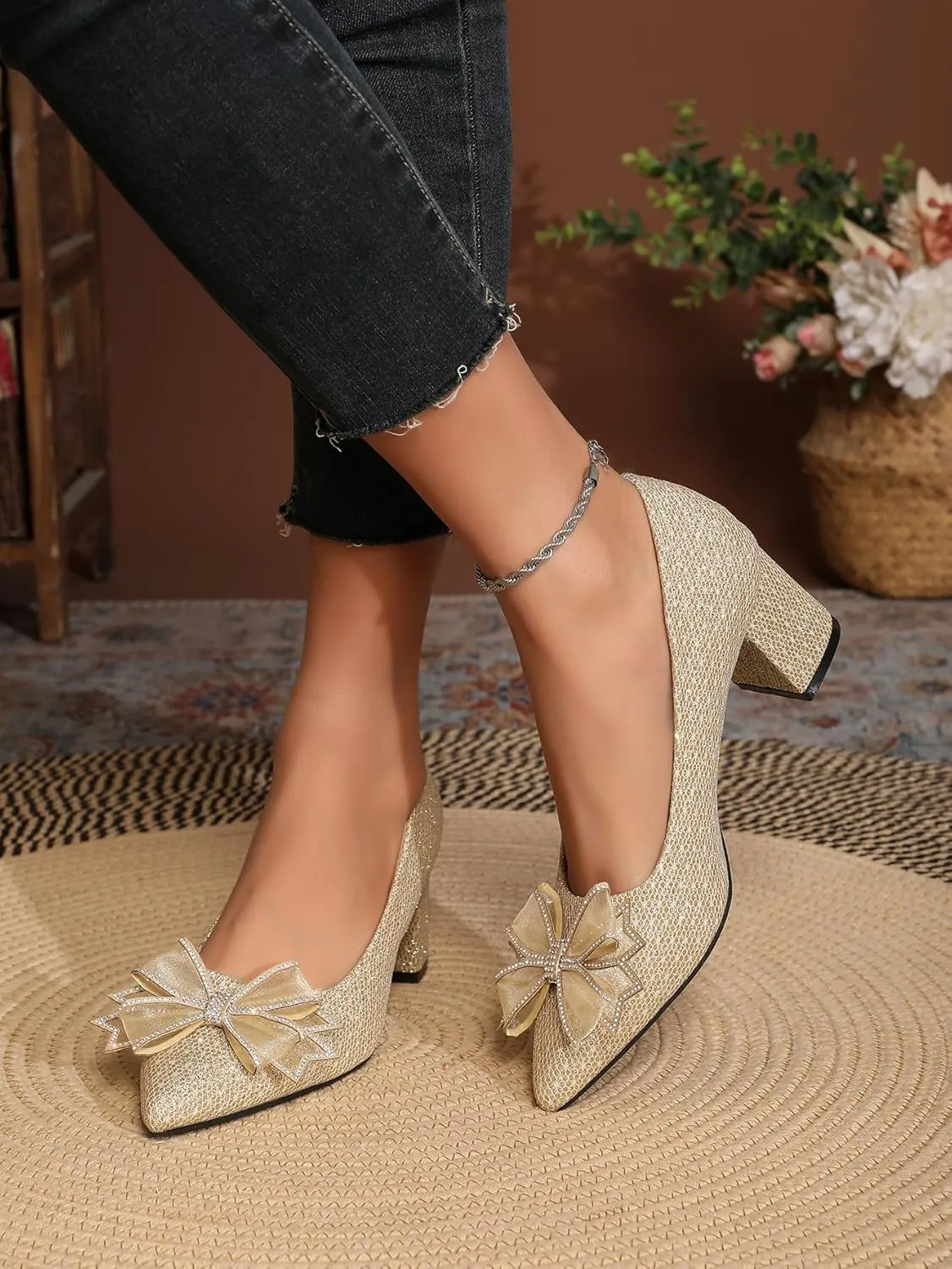 Women's Glitter Slip On Low Block Pumps Closed Pointed Toe Silver Gold Dress Chunky Heels with Bow for Woman Comfortable Wedding Prom Dating Pumps Shoes 2.36"