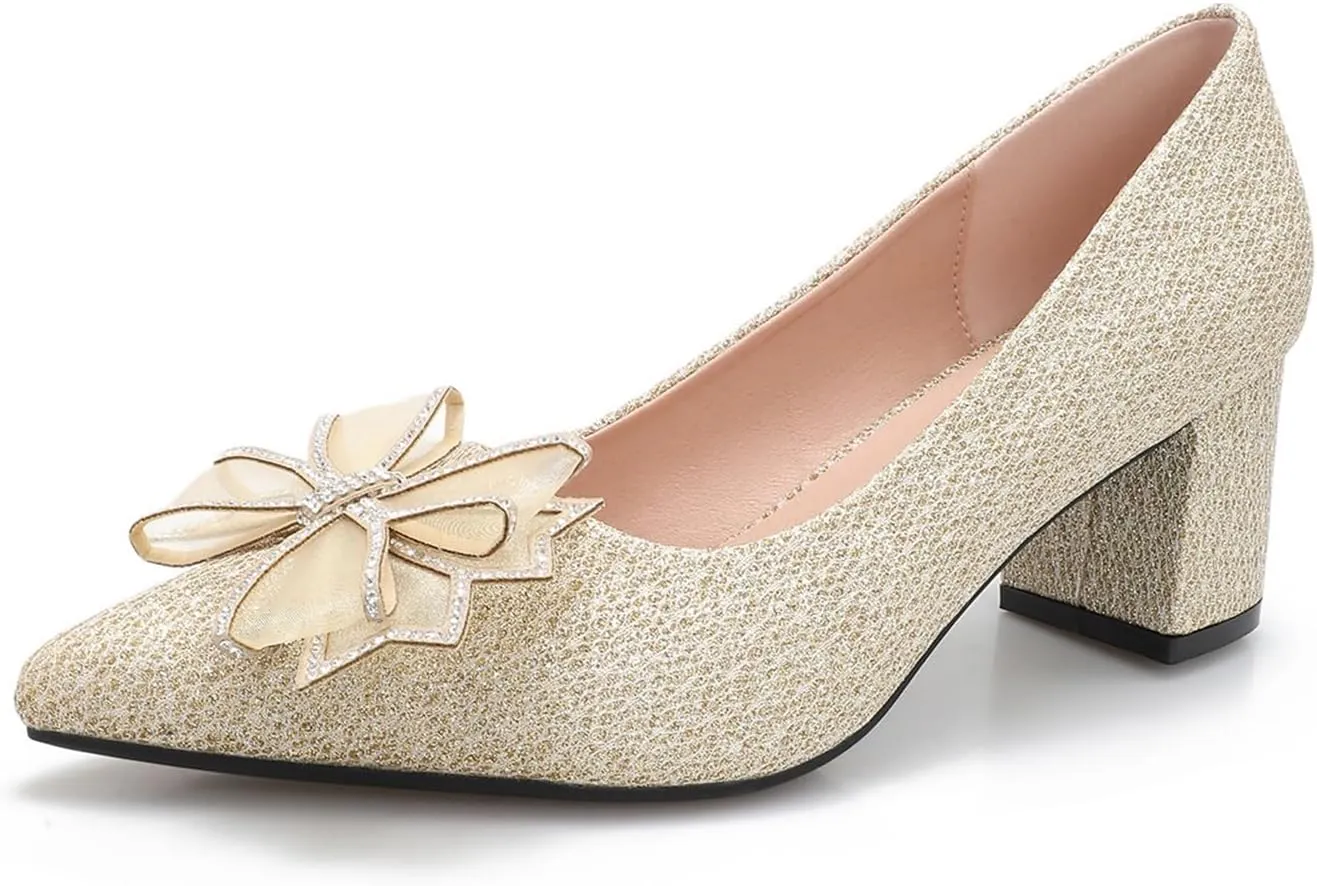 Women's Glitter Slip On Low Block Pumps Closed Pointed Toe Silver Gold Dress Chunky Heels with Bow for Woman Comfortable Wedding Prom Dating Pumps Shoes 2.36"