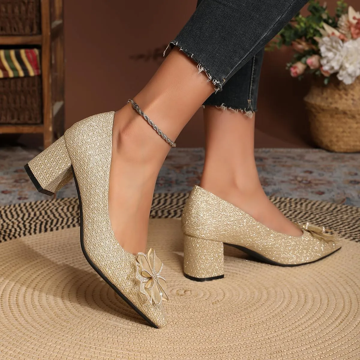 Women's Glitter Slip On Low Block Pumps Closed Pointed Toe Silver Gold Dress Chunky Heels with Bow for Woman Comfortable Wedding Prom Dating Pumps Shoes 2.36"