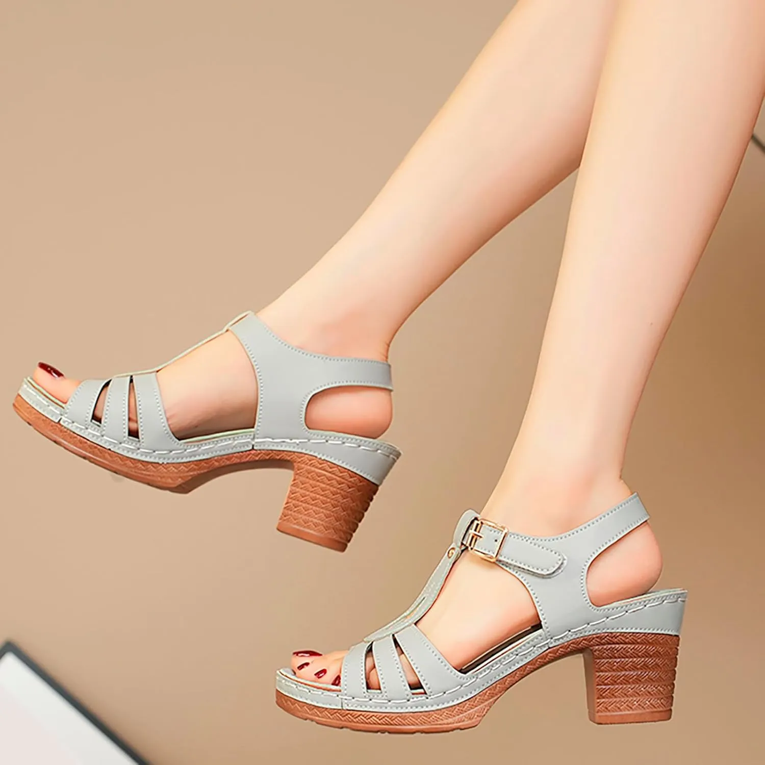 Womens Heeled Sandals Square Open Toe Small Chunky Heel Platform Sandals for Women Leather Insole Daily Sandals