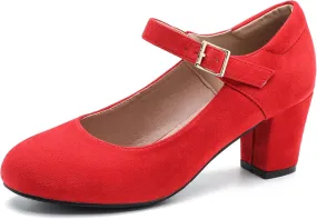Women's Mary Jane Shoes Low Block Heel Ankle Strap Closed Round Toe Pumps Dress Wedding Office Work Church Shoes Red Suede 38-7US