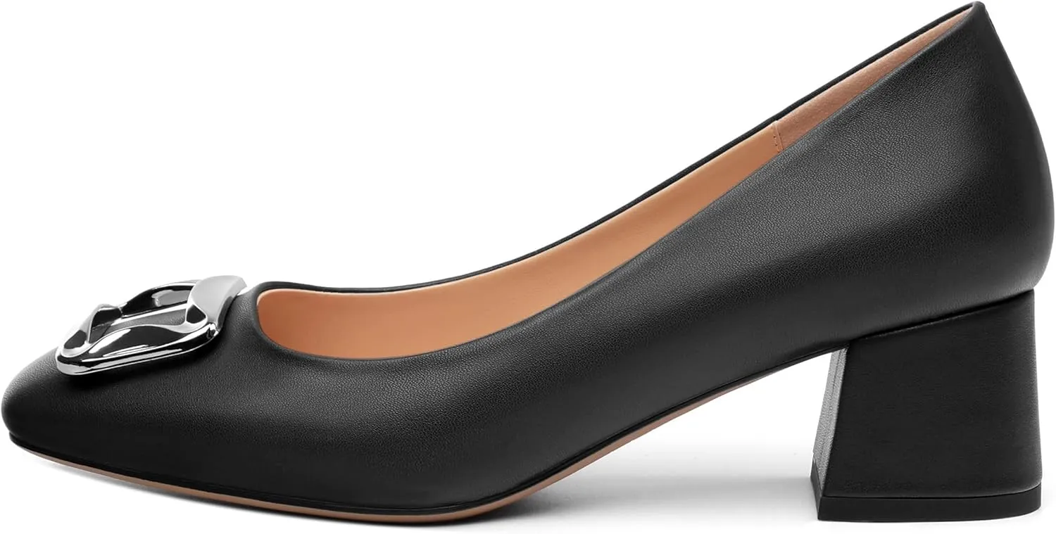 Women's Slip On Square Closed Toe Metal Buckle Matte Chunky Low Heel Pumps Comfortable Office Dress Shoes 2 Inch