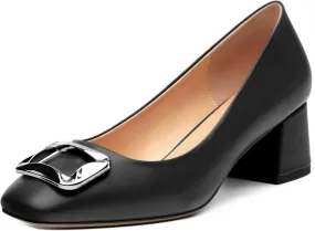 Women's Slip On Square Closed Toe Metal Buckle Matte Chunky Low Heel Pumps Comfortable Office Dress Shoes 2 Inch