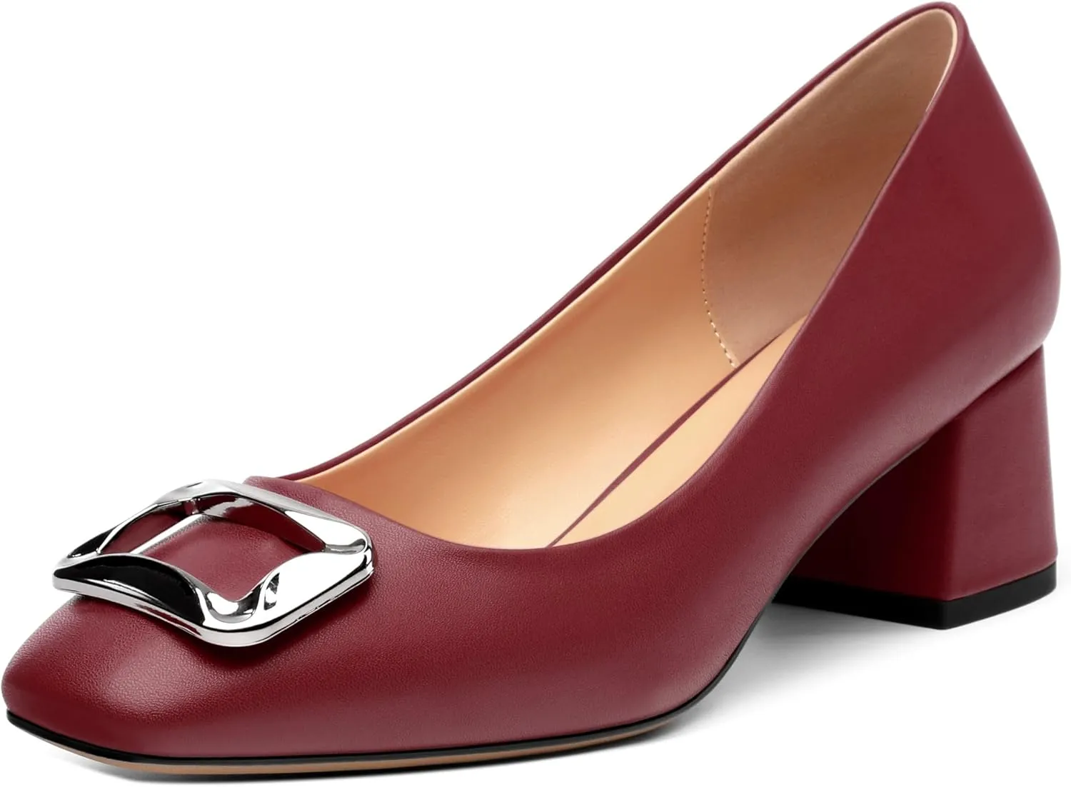 Women's Slip On Square Closed Toe Metal Buckle Matte Chunky Low Heel Pumps Comfortable Office Dress Shoes 2 Inch