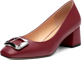 Women's Slip On Square Closed Toe Metal Buckle Matte Chunky Low Heel Pumps Comfortable Office Dress Shoes 2 Inch