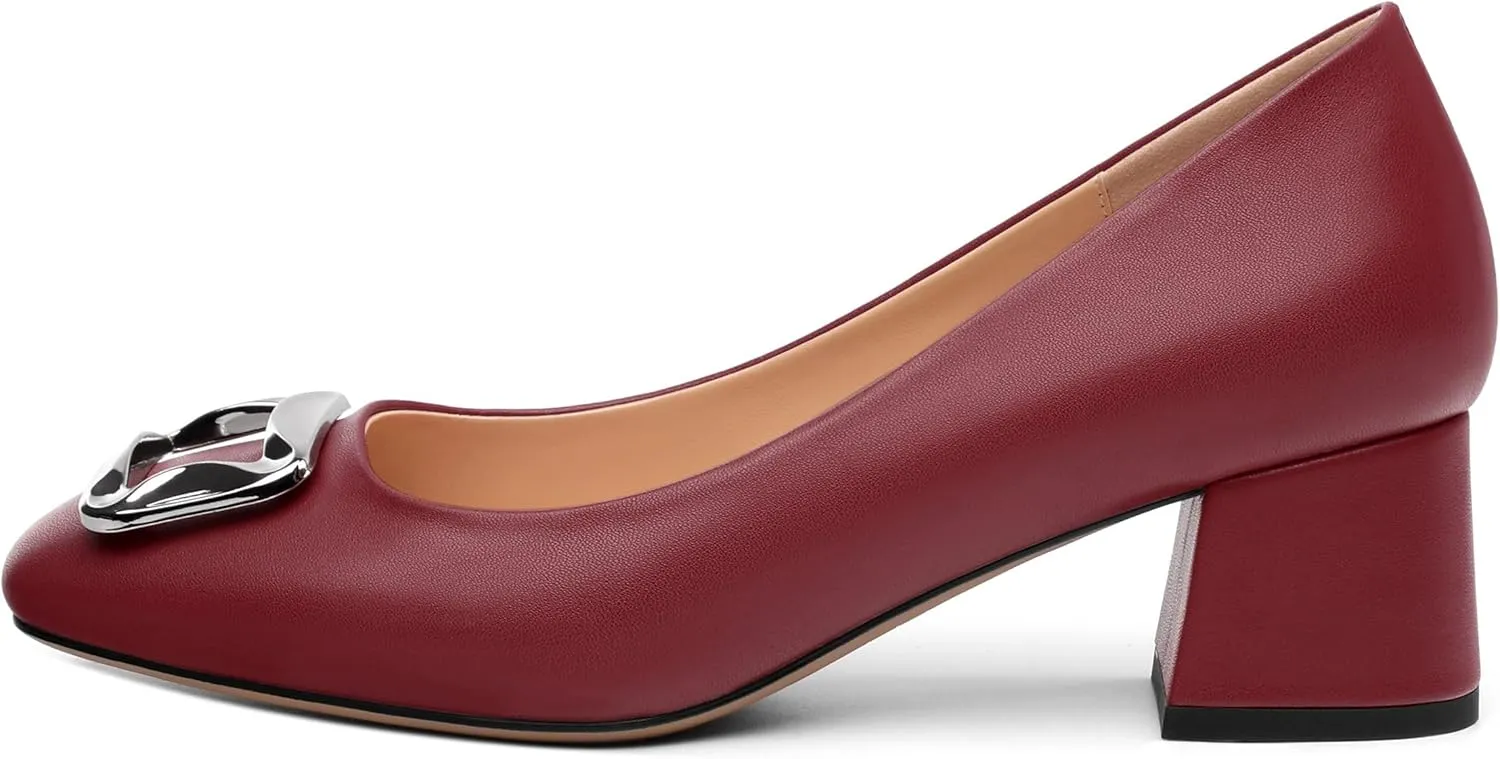 Women's Slip On Square Closed Toe Metal Buckle Matte Chunky Low Heel Pumps Comfortable Office Dress Shoes 2 Inch