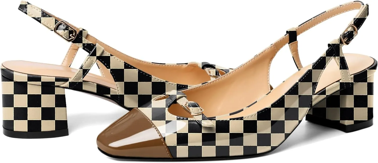 Zamikoo Women's Slingback Heels, Square Toe Low Block Heels with Adjustable Buckle, 2 Inches Multicolor Heels, Dress Shoes for Ladies Office Wedding Work Evening