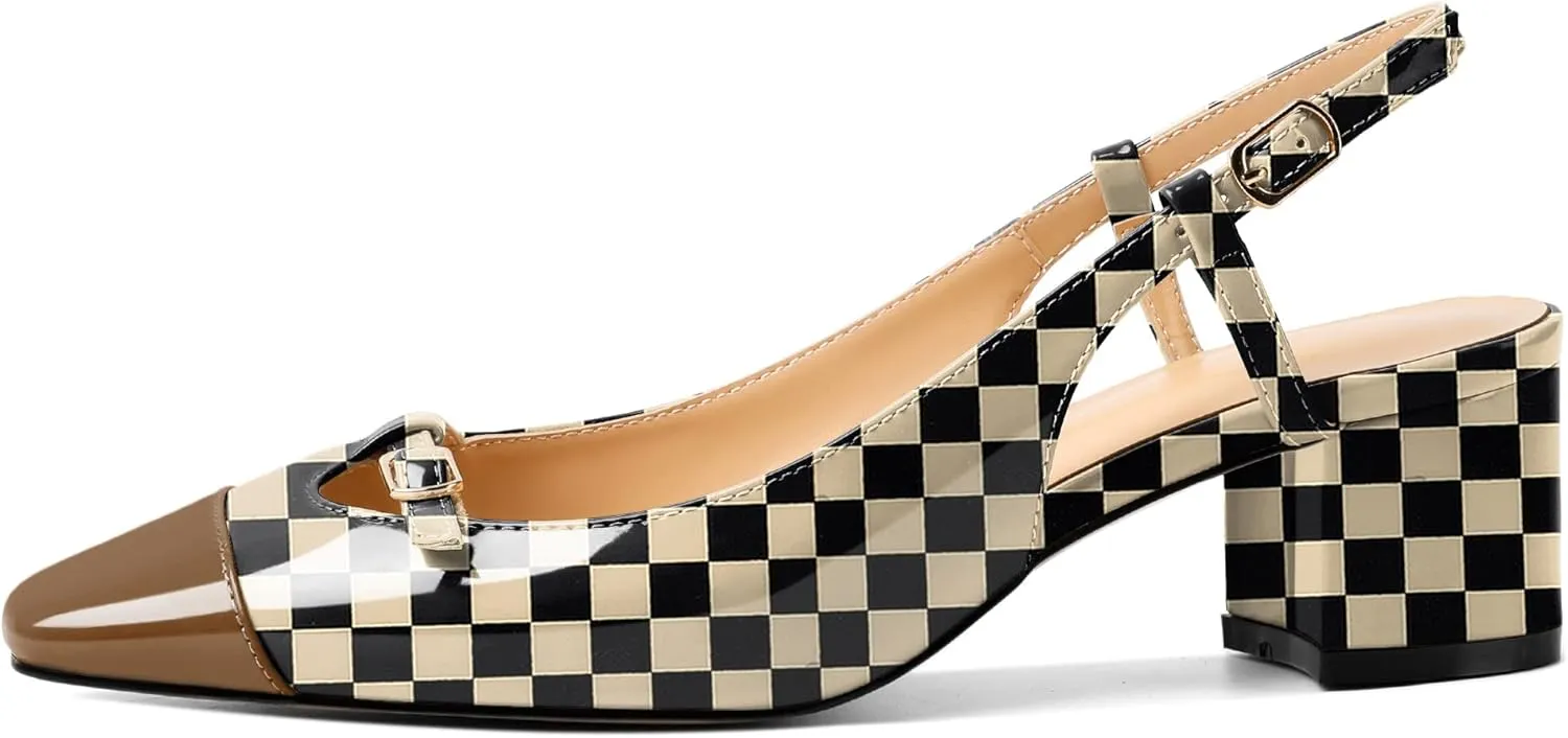 Zamikoo Women's Slingback Heels, Square Toe Low Block Heels with Adjustable Buckle, 2 Inches Multicolor Heels, Dress Shoes for Ladies Office Wedding Work Evening